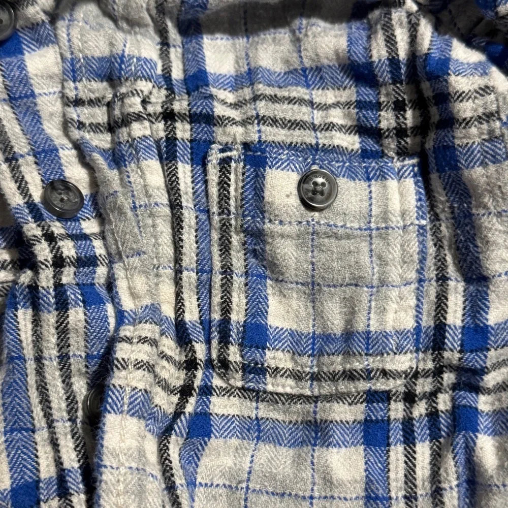 OshKosh B'gosh Boy Plaid Flannel Shirt Hoodie 4T Blue Gray Long Sleeve Button Up